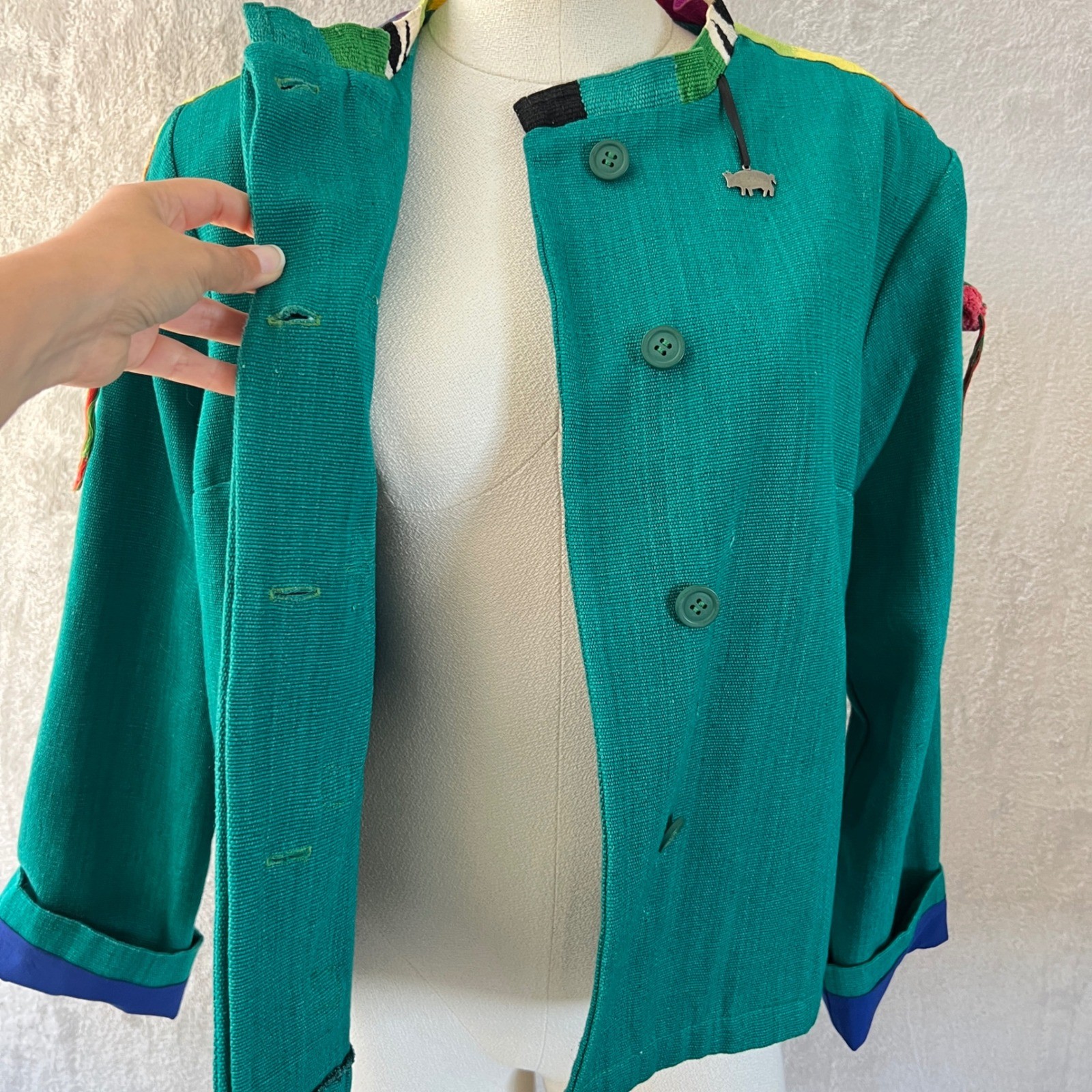 Vintage Women’s Art To Wear Pom Pom Jacket Green size Medium colorful funky