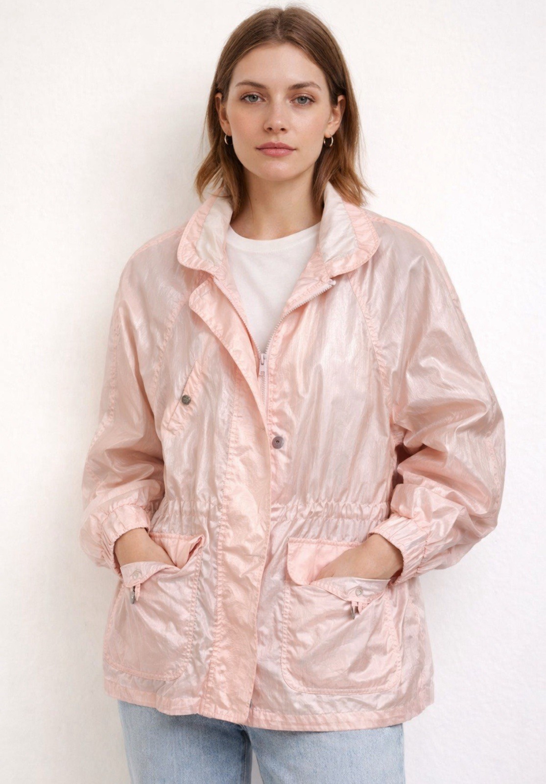 Vintage IZZI Pink Full Zip Windbreaker Rain Jacket Size Large Y2K Gorpcore