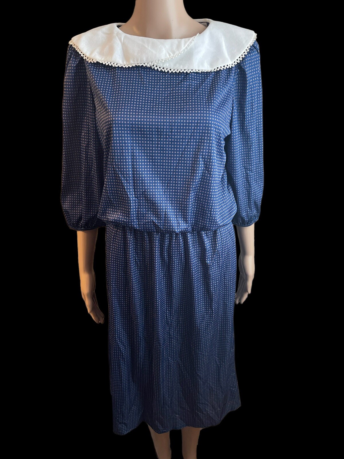 NEW VTG 80s Blue Polyester Dress White Peter Pan Collar By Jenny USA Size 10