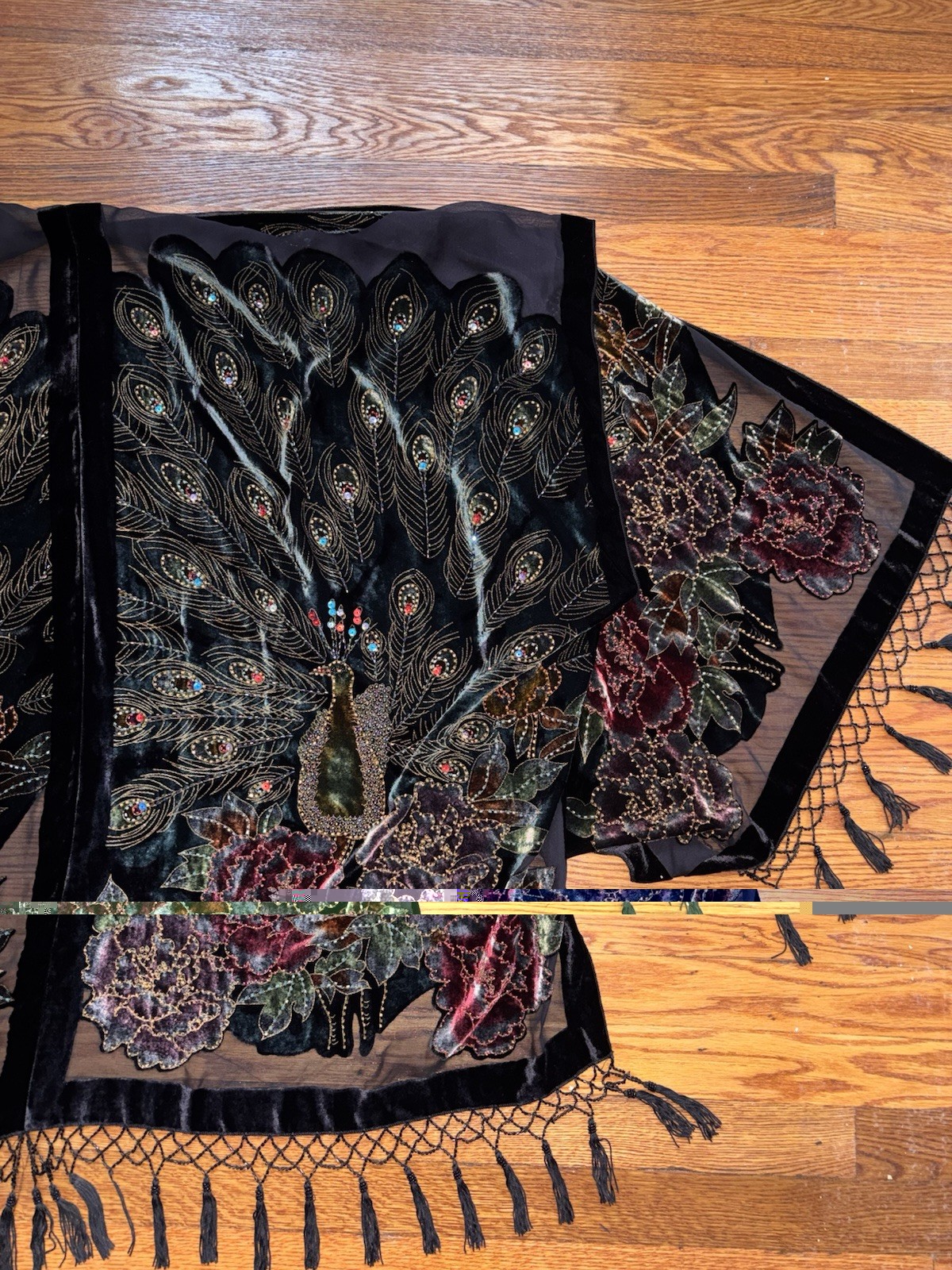 Vintage Silk Velvet Beaded Peacock Duster Coat Opera Black Fringe Romantic Goth