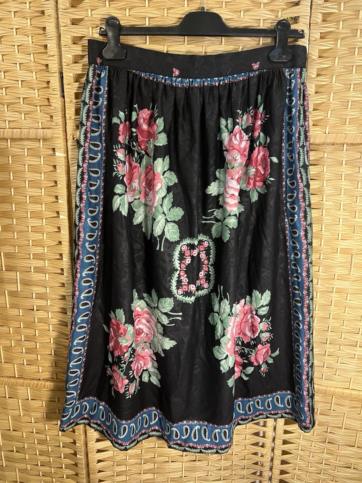 VTG Black Pink Rose Floral Paisley Print European Folk Cottage Core Boho Skirt M