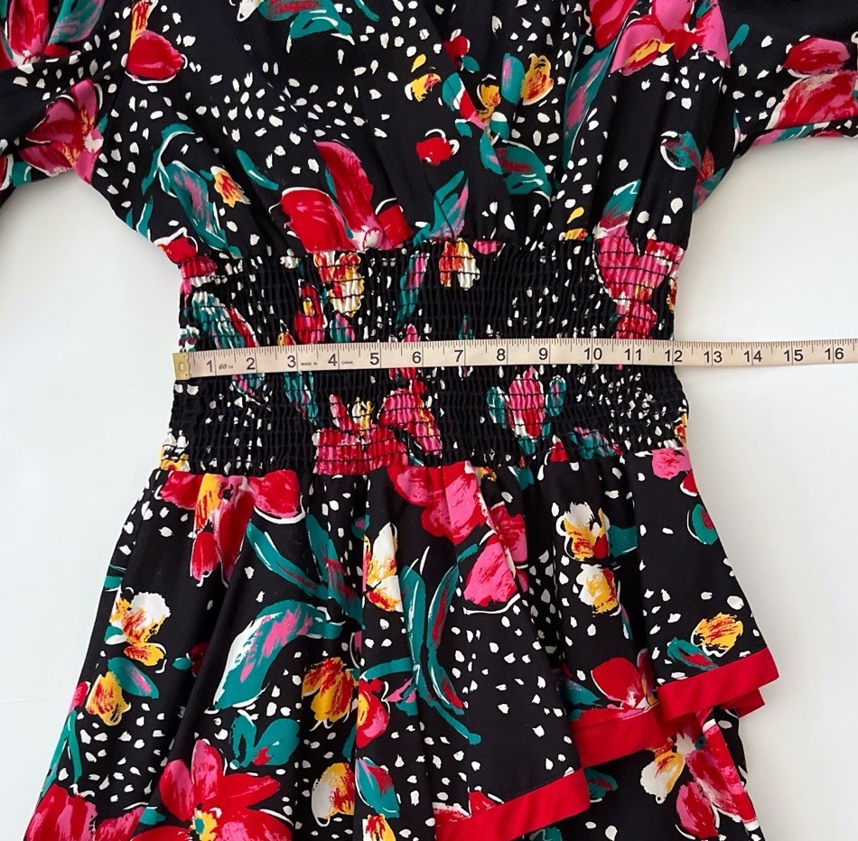 Vtg 80s Choon California USA Dress Women 6 Black Floral Print Peplum Cotton