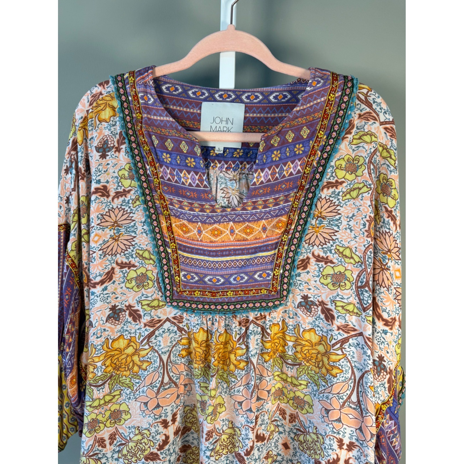 John Mark Boho Floral Mixed Print Tunic Blouse L Artsy Cottagecore