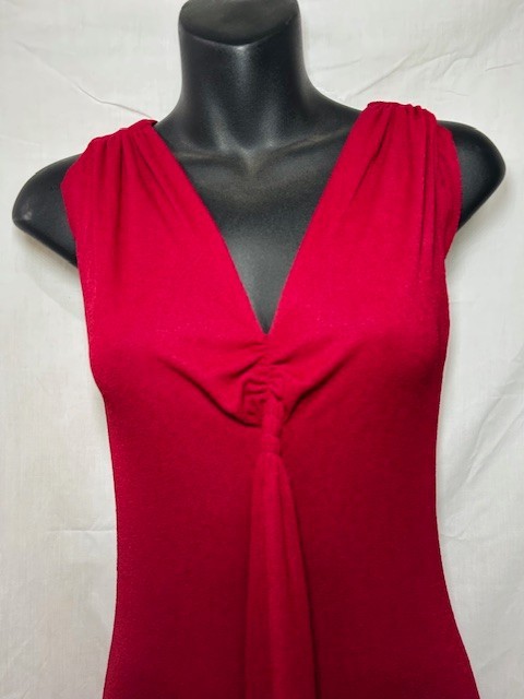 Vintage 1970s 80s Red Maroon Maxi Dress V-Neck Cinched Waist Evening Gown Disco