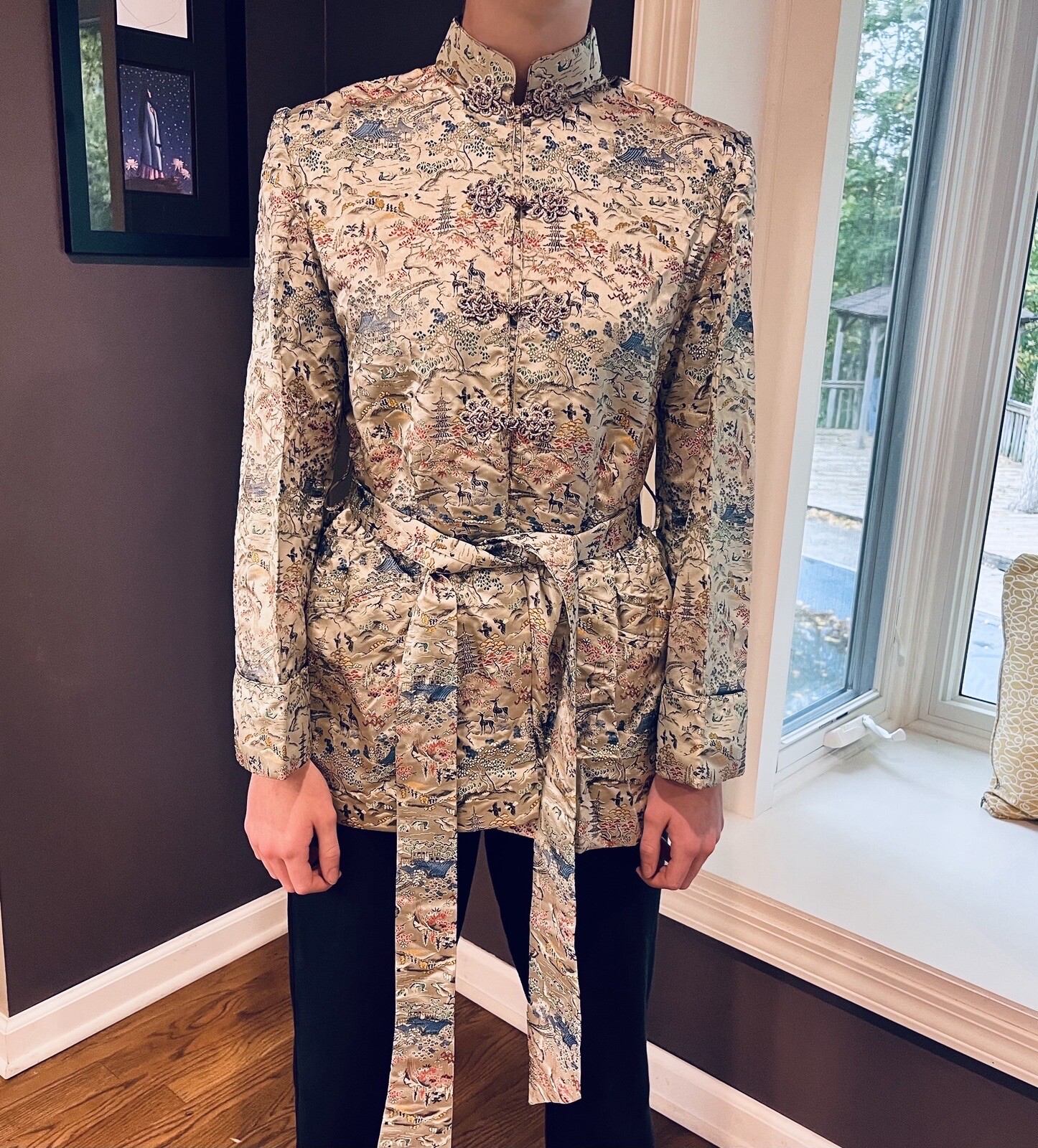 Vintage Silver Brocade Jacket Sun Bros. Yokohama Japan, Small, Perfect Condition