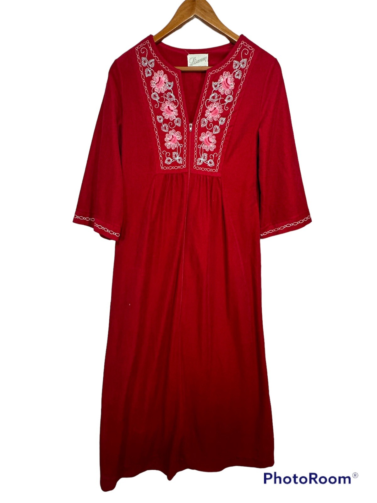 Vintage Lisanne Loungewear Long Robe Small Red Velour 1/2 Zip Folk Floral House
