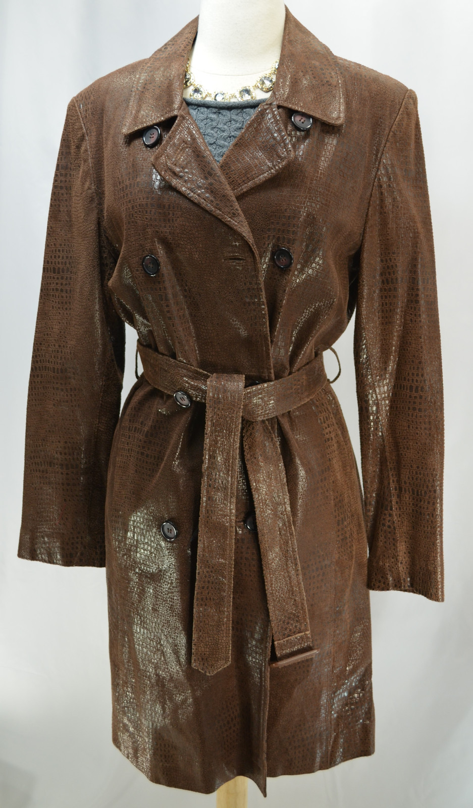 Marvin Richards Chocolate Brown Leather Reptile textured long coat trench VTG S