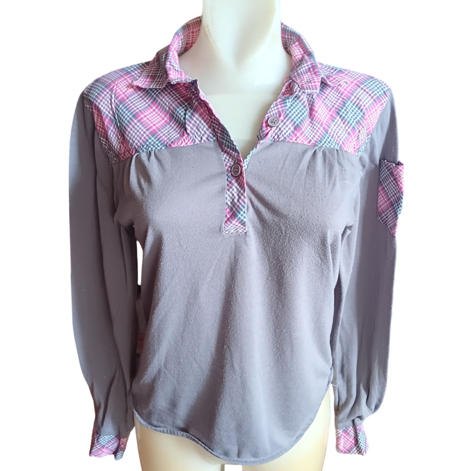 Plaid Patchwork True Vintage Boho Top Small Long-Sleeve Shirt Hippy 1970’s Thin
