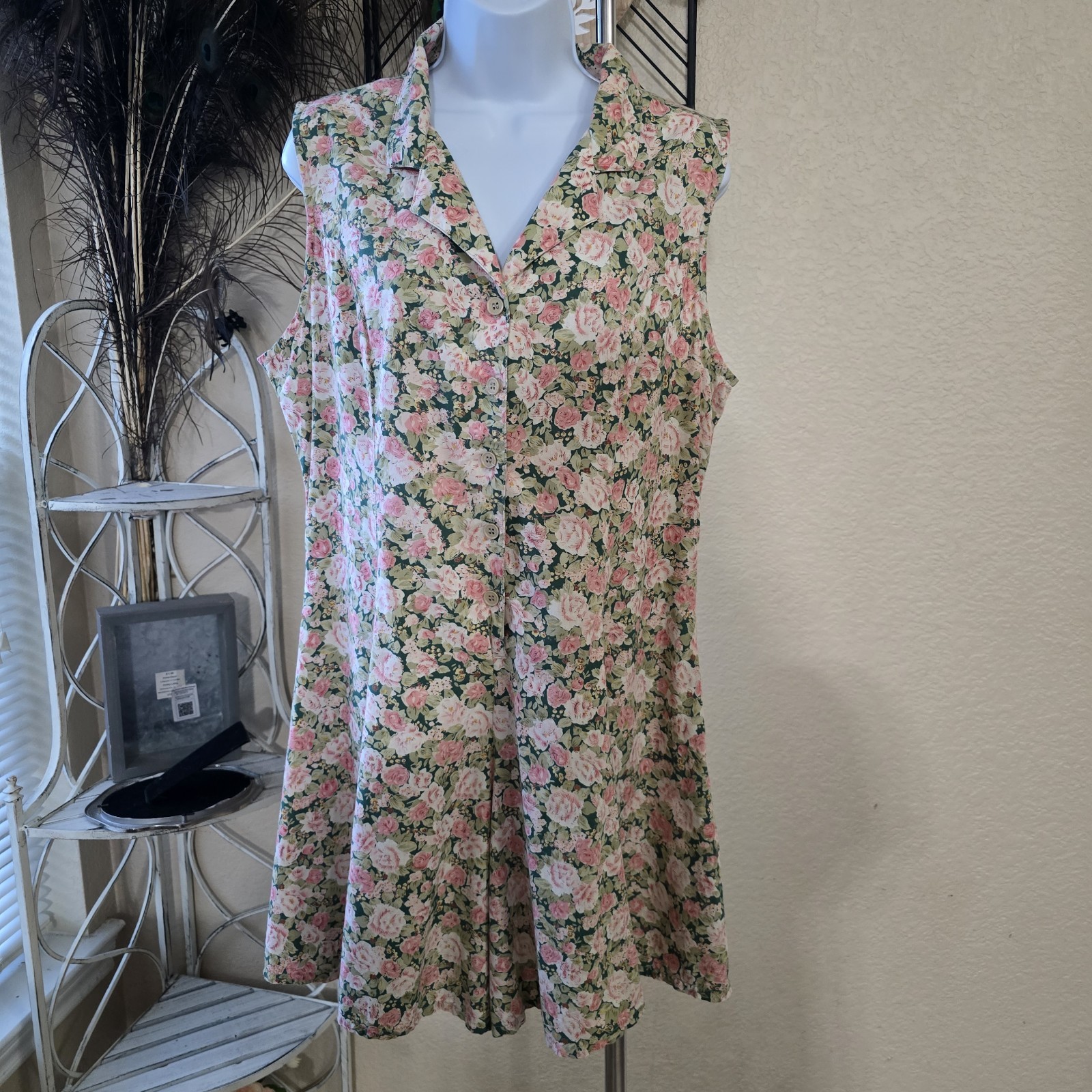 Sostanza Floral Sleeveless Playsuit Large Pink Green Cream Rayon Cotton