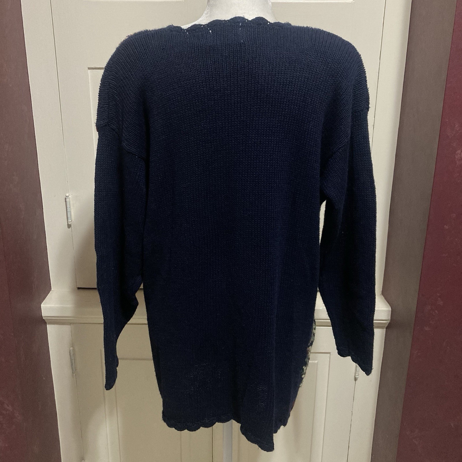 Vintage Paul Harris Design Dark Blue Knitted Flower Floral Long Sweater Size S