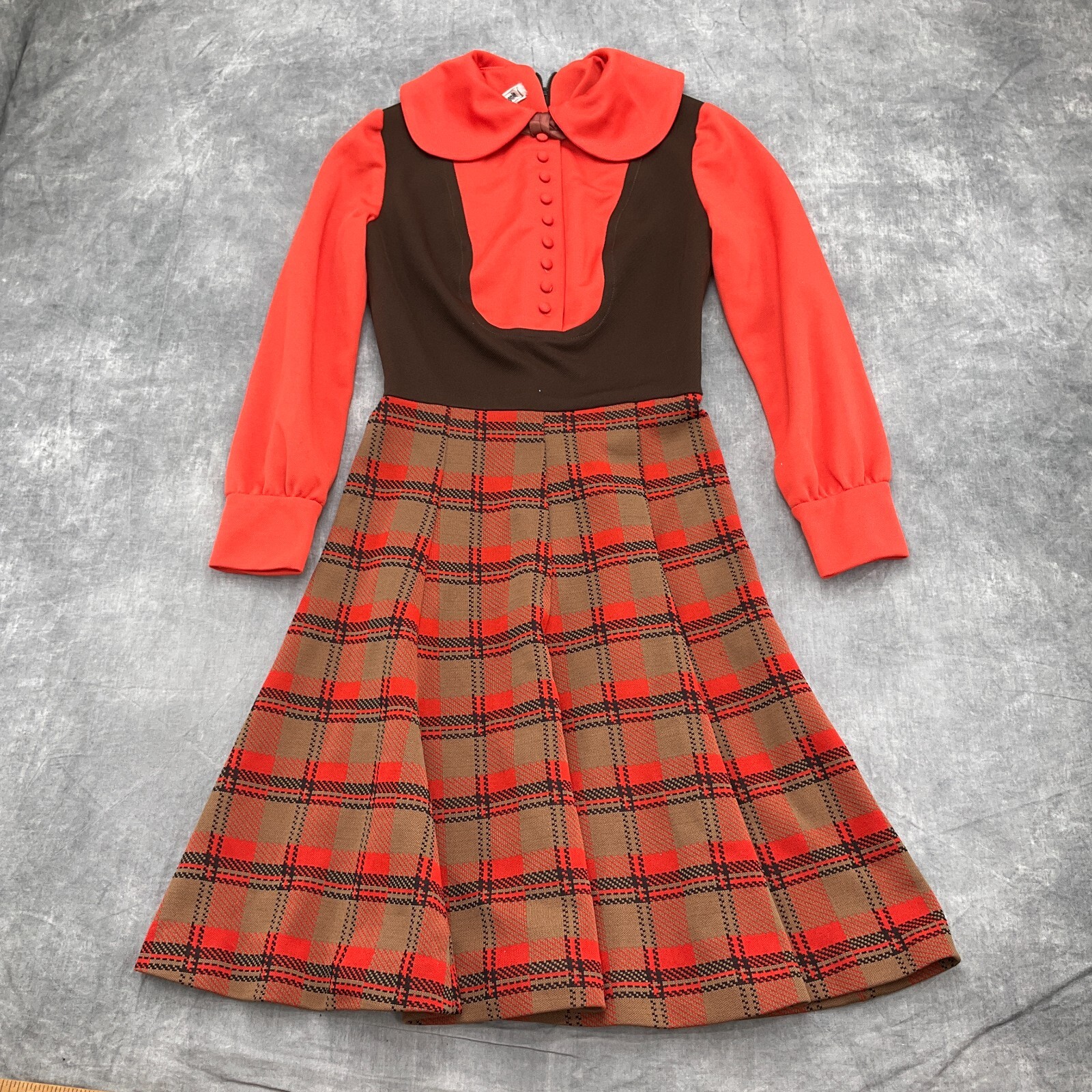 Joseph Magnin Dress Women XSmall Orange Brown Plaid 60 70s Student Secretary VTG