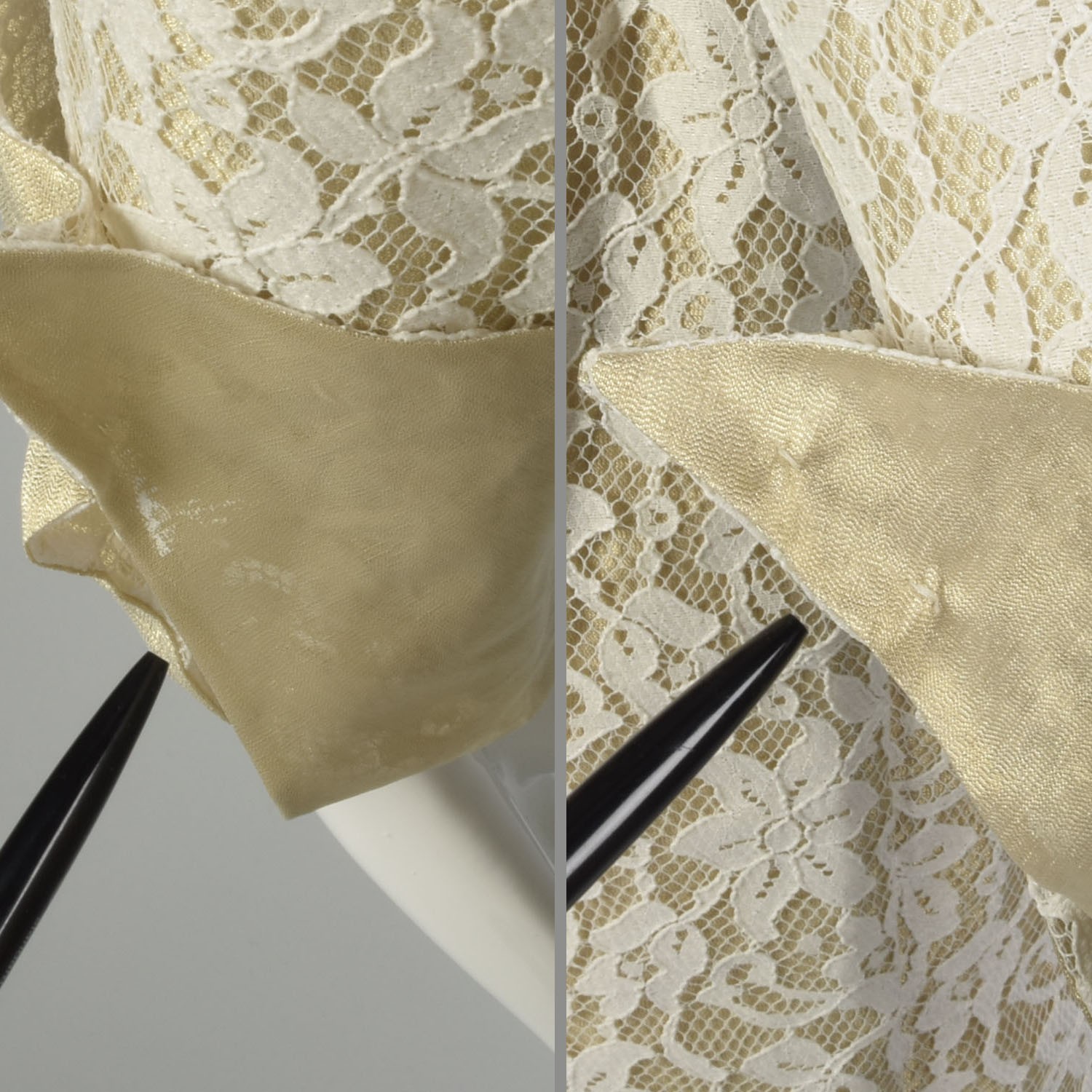 Small 1990s Pilar Rossi White Lace Dress Metallic Gold Lamé Portrait Collar VTG