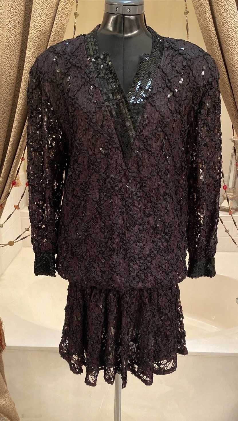 VTG LILLIE RUBIN Ribbon EVENING DRESS 80’s Drop Waist BLACK SEQUINS S ART DECO
