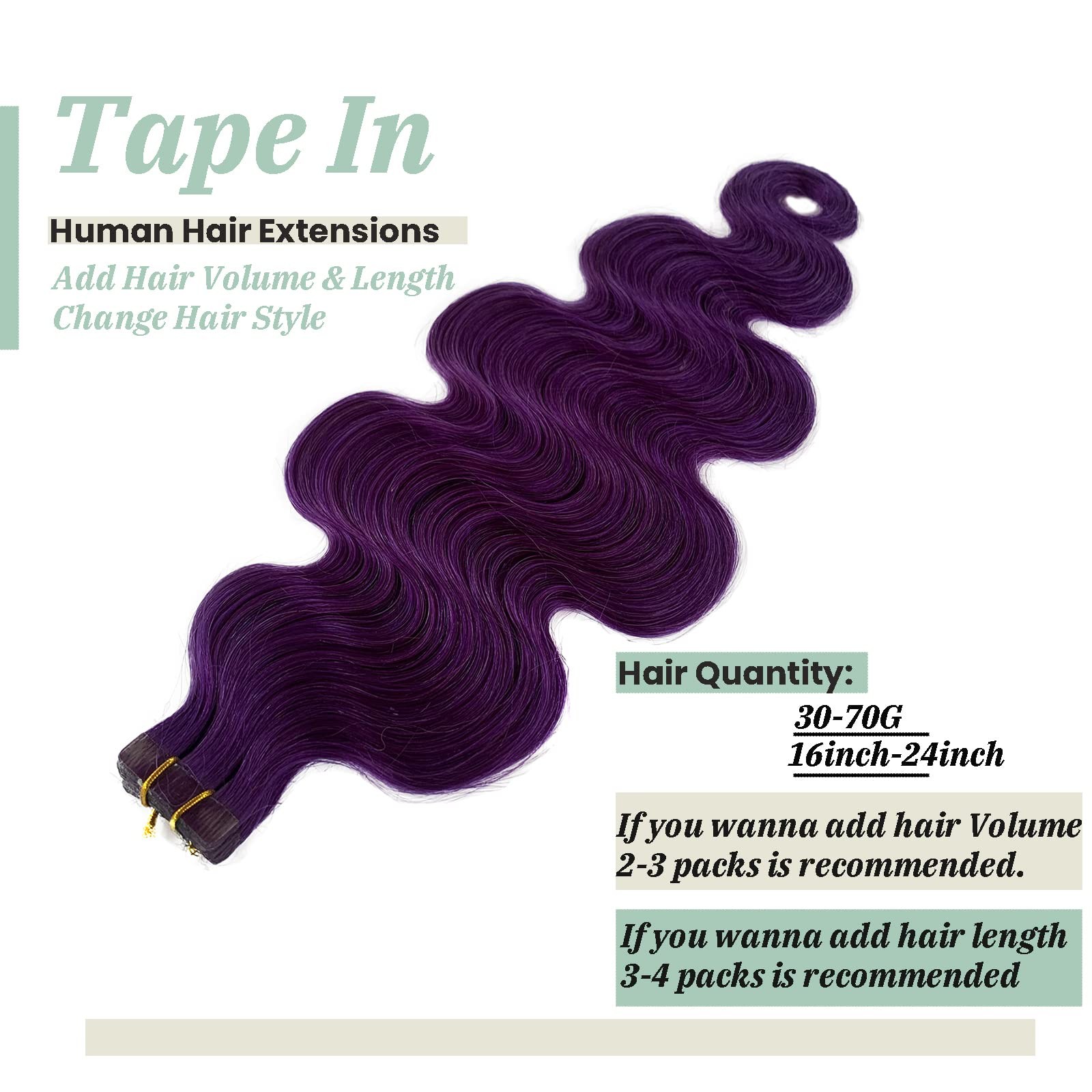 Body Wave Tape-in Human Hair Extensions, Purple 100% Remy Soft Sea