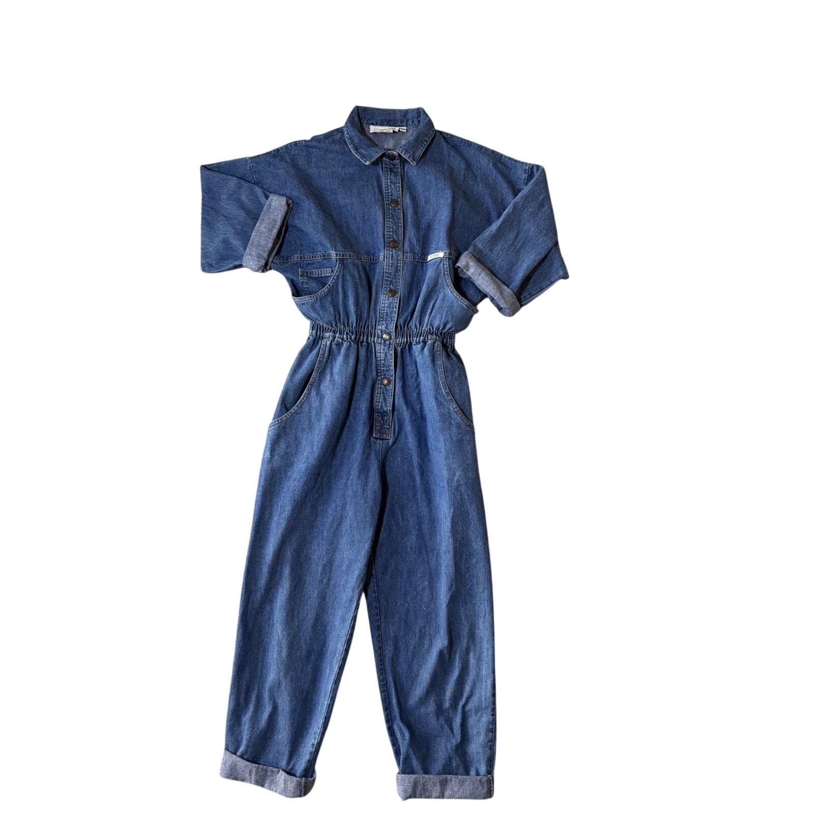 Ideas Denim Jumpsuit Medium Wash Blue Cotton Denim Waist Utility Romper Vintage