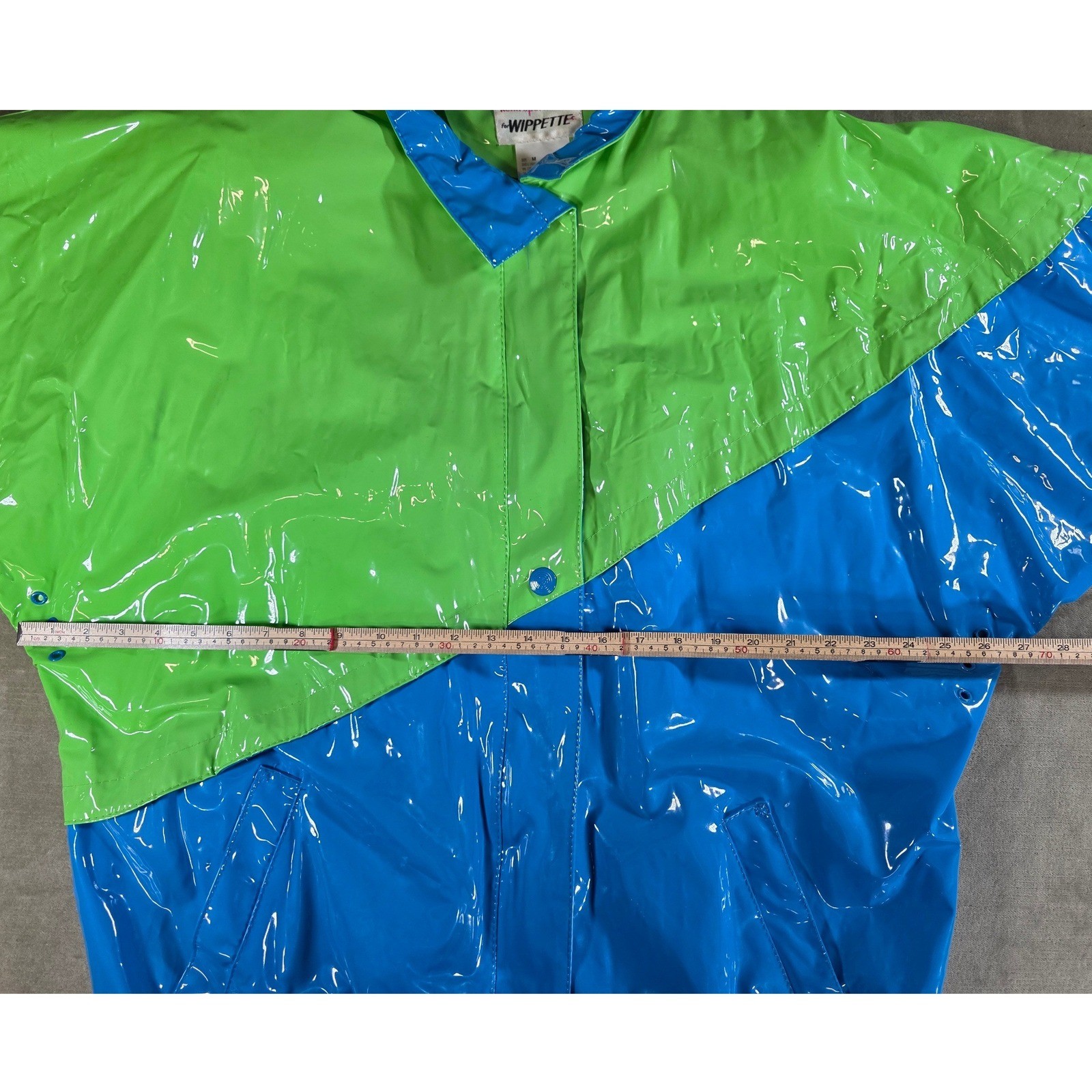 Vintage 80s Kenn Sporn for Wippette Vinyl Raincoat Jacket Neon Green Blue Medium