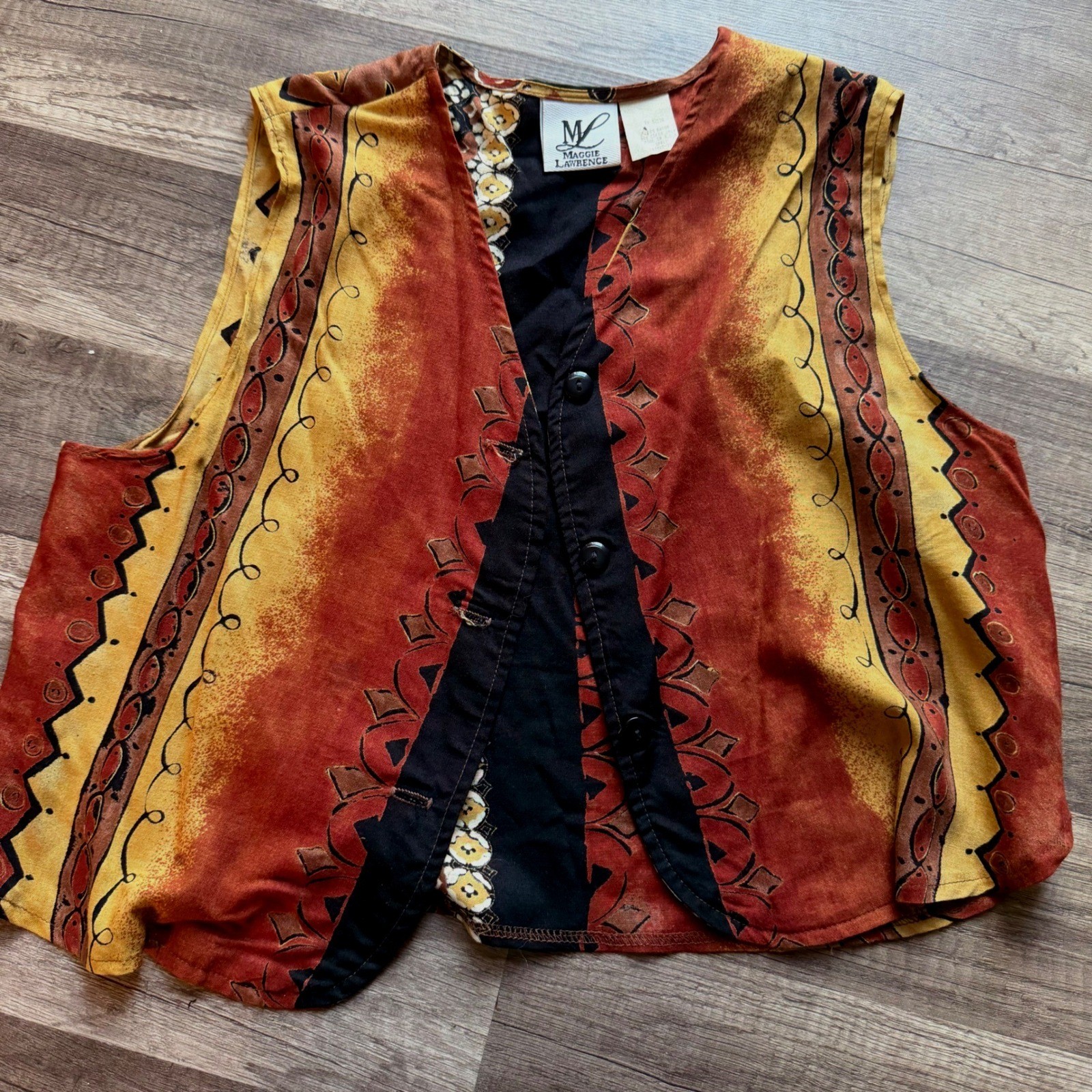 Maggie Lawrence Vintage Rayon Vest Small Tribal Abstract Print Boho Rust Mustard