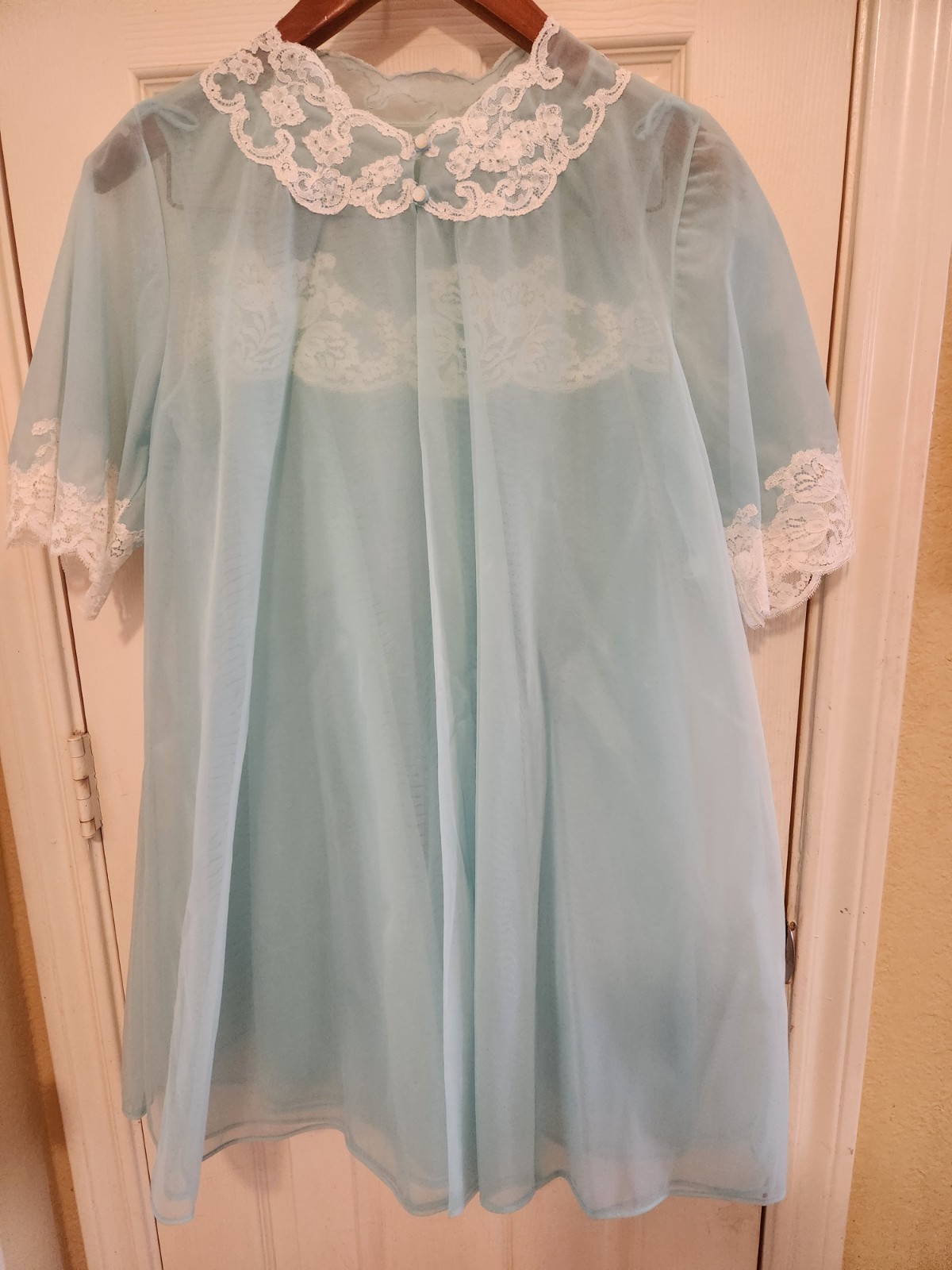 VTG Sm+ Ocean Blue Sheer Dbl Chiffon Babydoll Peignoir Robe Nightgown Gown Set