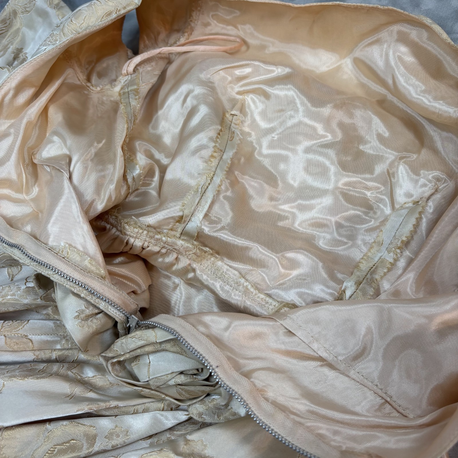 1950s Vtg Satin Brocade Formal Gown XS Champagne Rosette Waist Hand Made