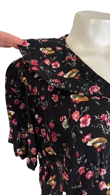 Vintage 1990s black pink romper XXL novelty print hats floral rayon plus size