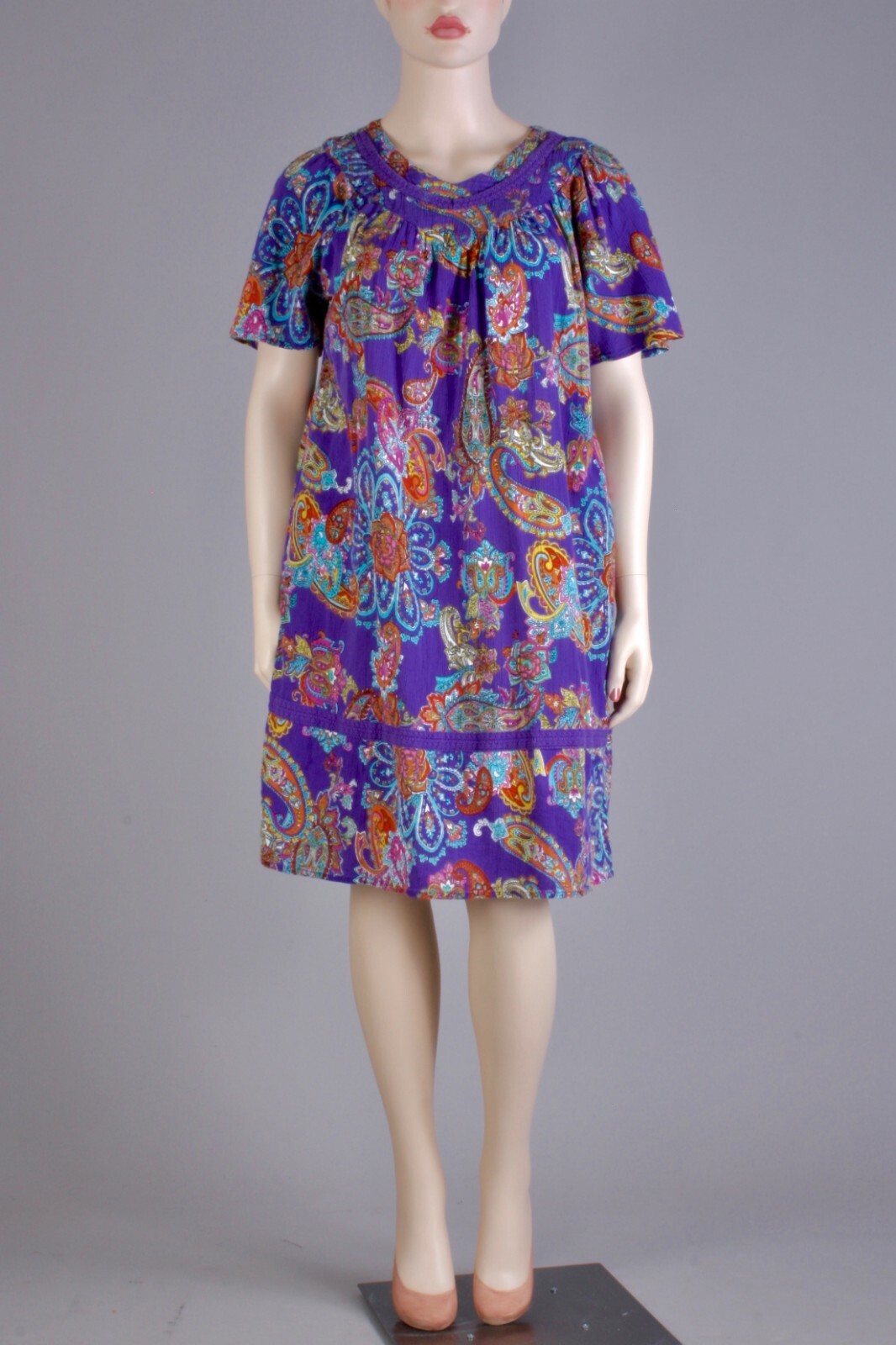 Plus sz 1X Vintage 70s Purple Paisley Hippie Mod Mini Nap Dress w Pockets