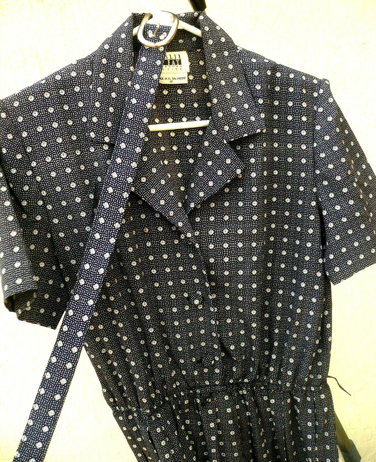 VTG 80S LESLIE FAY M 8 P BLACK GRAY SHIRT LOOK GEOMETRIC PLEATED BELTED DRESS