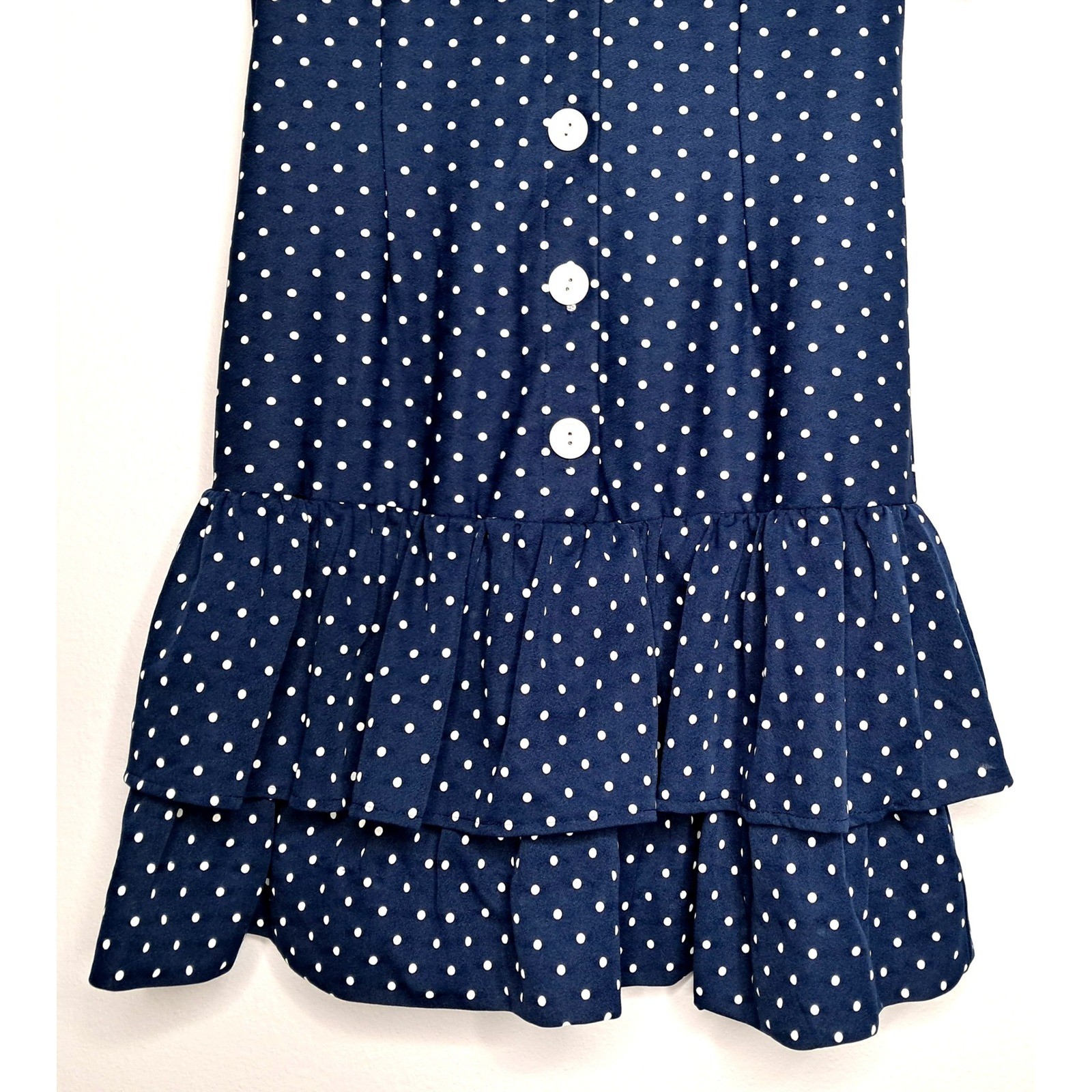 Vintage Polka Dot Mini Dress Womens Size 10 Navy Blue Ruffle Tabby of California