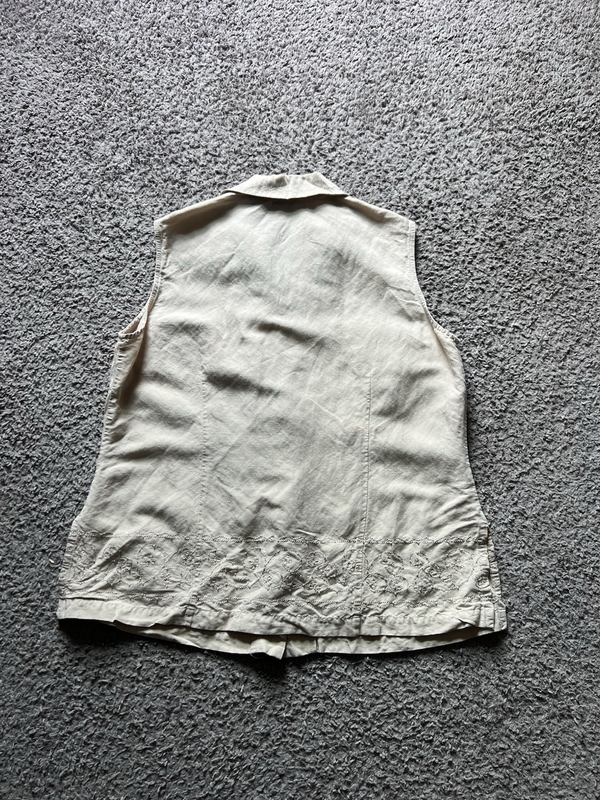 Vintage Y2K 90s Shirt Size 14 Ivory Sleeveless Embroidered Beaded Linen Rayon