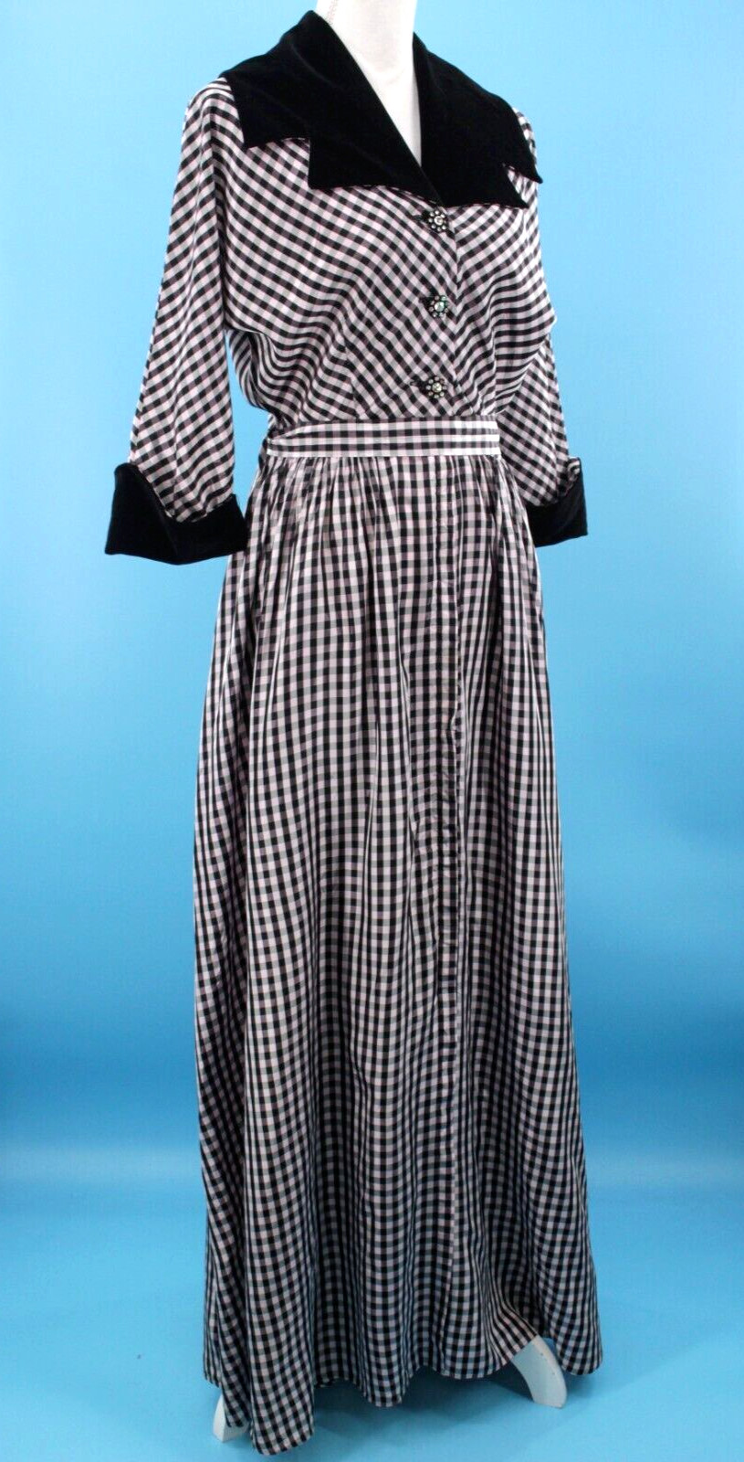 Vtg Womens 40s Black & Pink Checked Gown W/ Velvet Trim XS/S 1940s Taffeta Dress