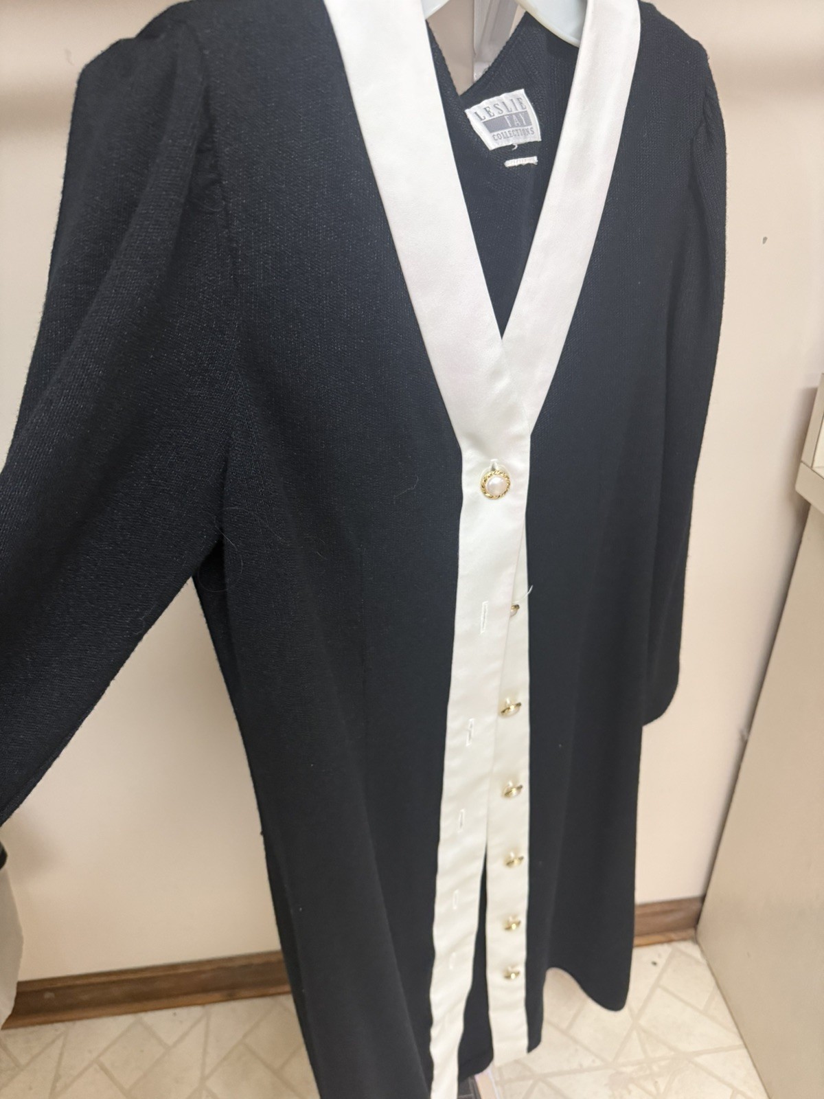 Vintage Leslie Fay Black White Contrast Dress Gold Button 80s 90s Power Career