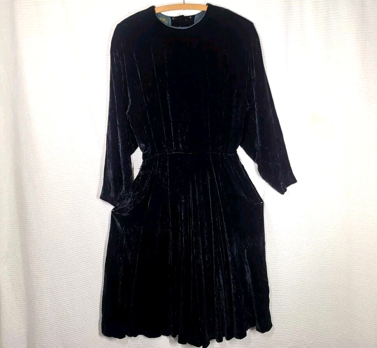 Vtg 90s Velvet Bias Dress Black Silk Rayon Velour Drapey Skirt Button Back 8 M