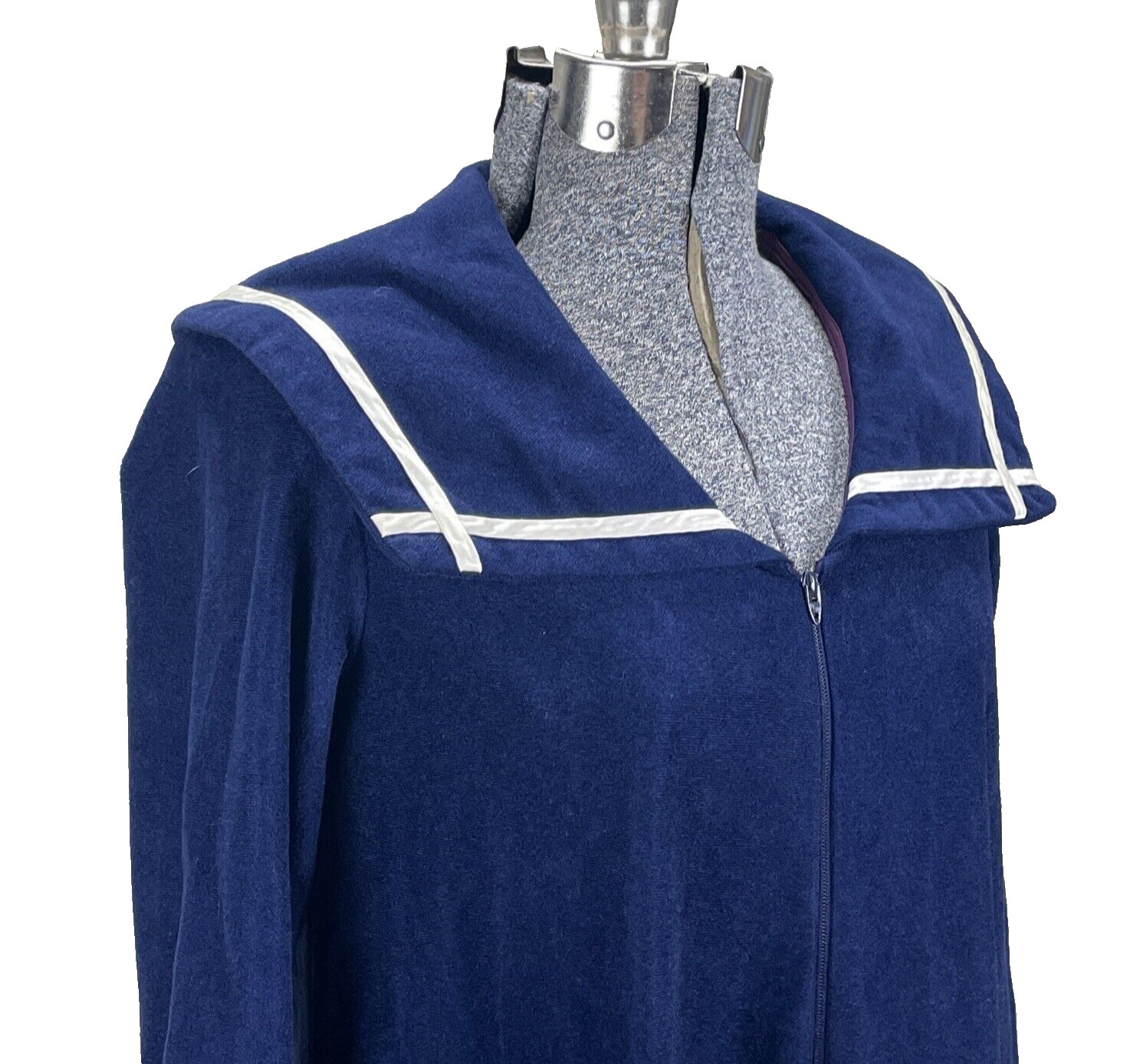 Vintage Tres Belle Navy Blue Velour Robe Size XS Nautical Sailor Half Zip