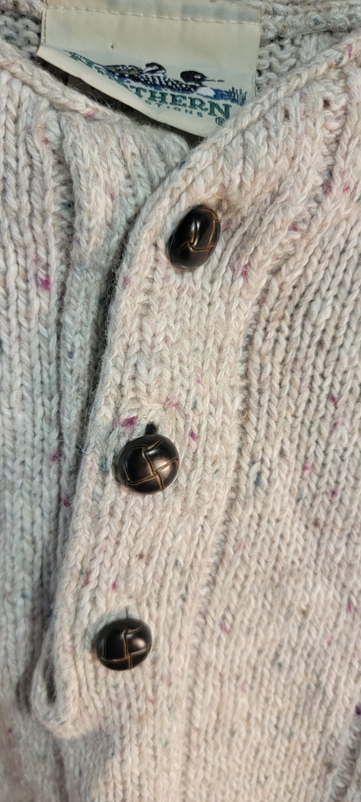 Vtg Northern Reflections Sweater Medium Cream Speckled Button Collar Earthy USA