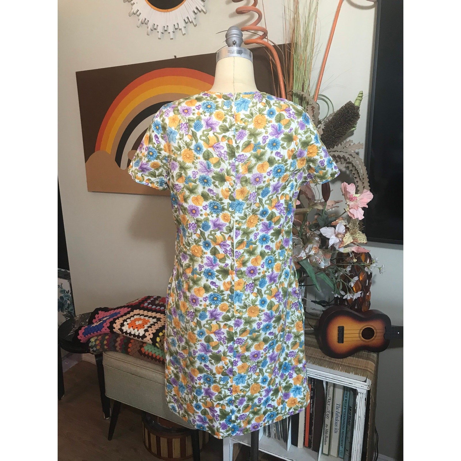 Vintage 1960s Frances Brewster Shift Dress Cotton Floral Mod Blue Purple Yellow