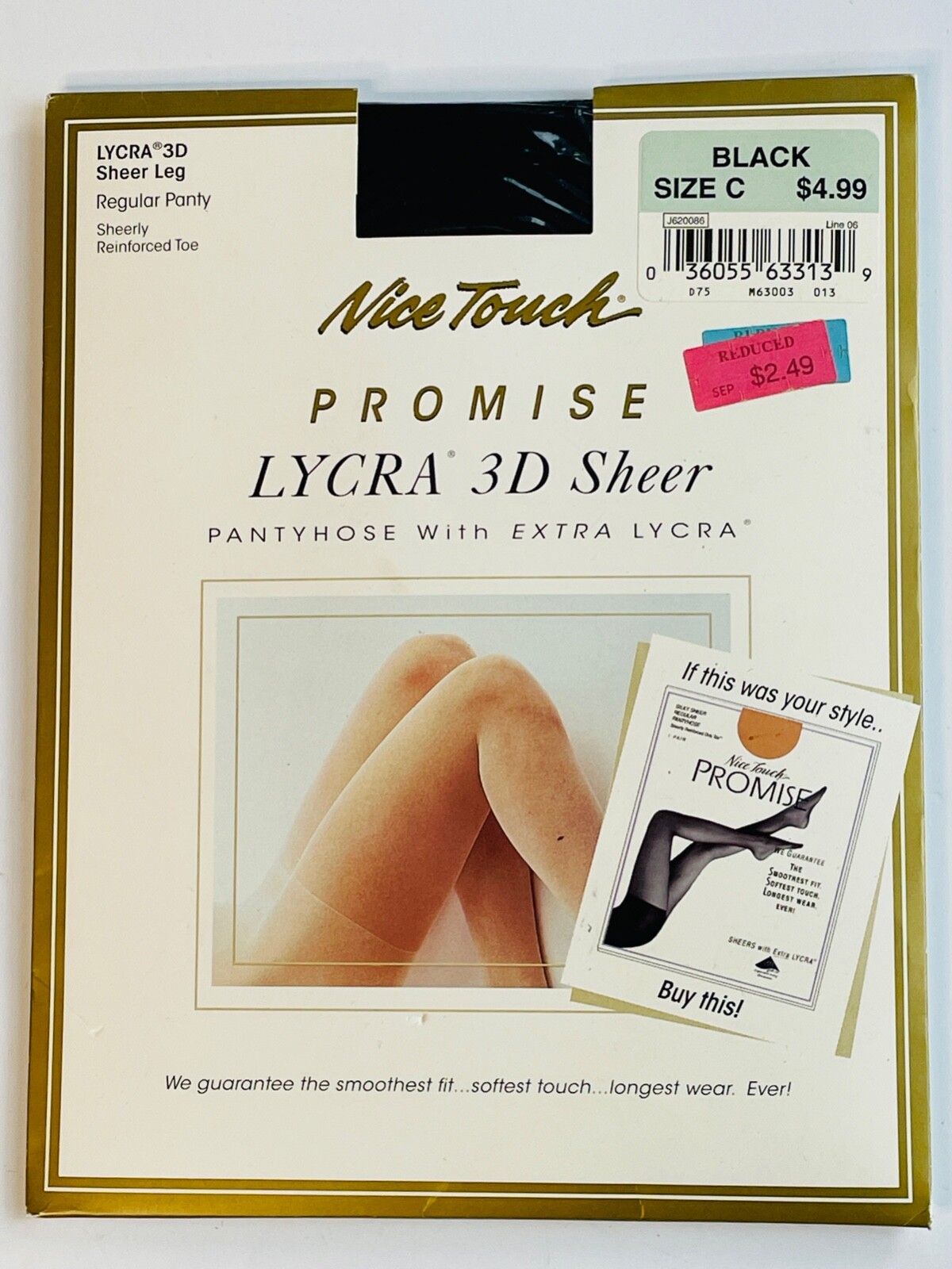 NOS VTG NICE TOUCH PROMISE BLACK LYCRA 3D SHEER REINFORCED TOE PANTYHOSE NYLON*C