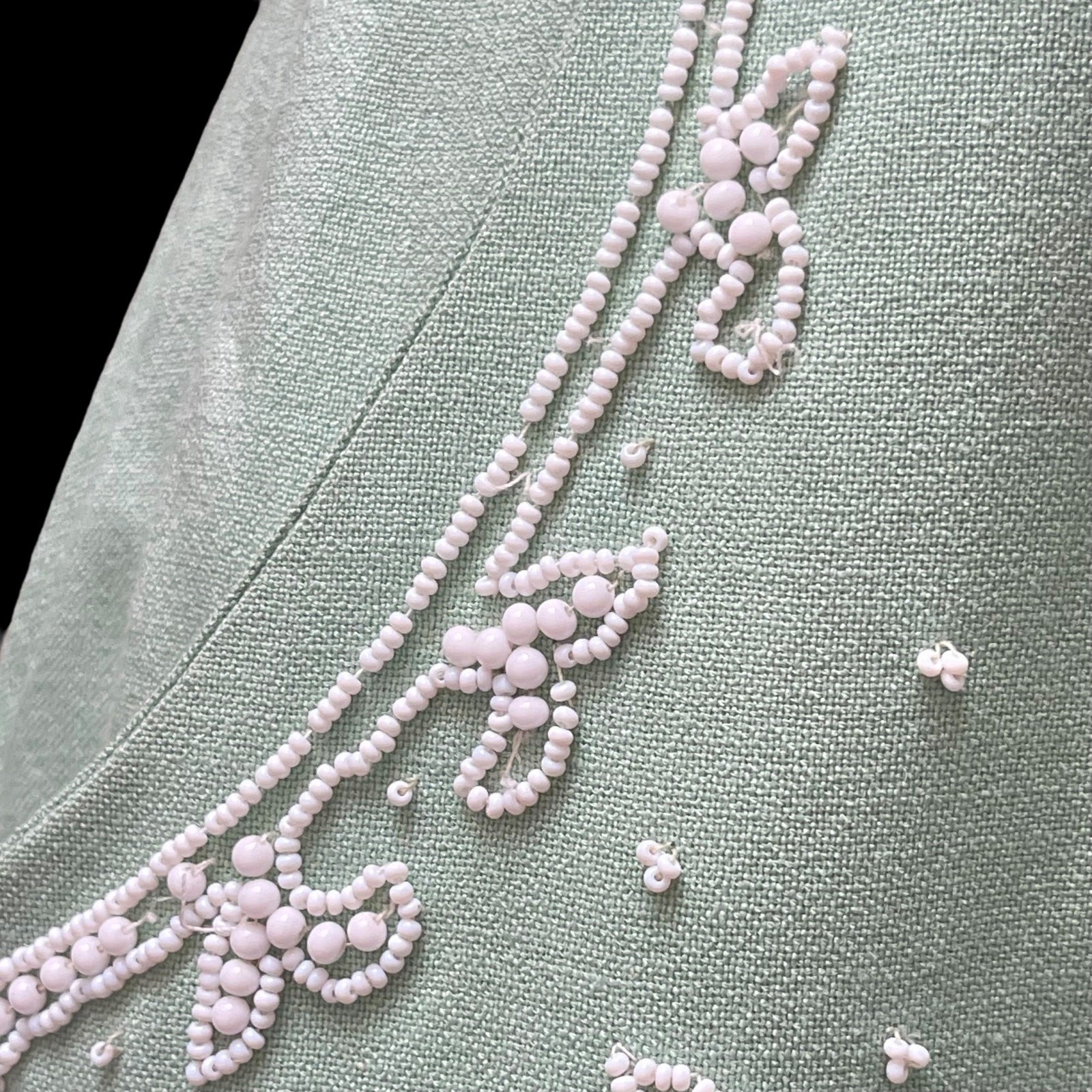 Beaded Sexy Green Wiggle Dress 1960’s Linen A-Line Pencil Skirt W/Pocket Vintage