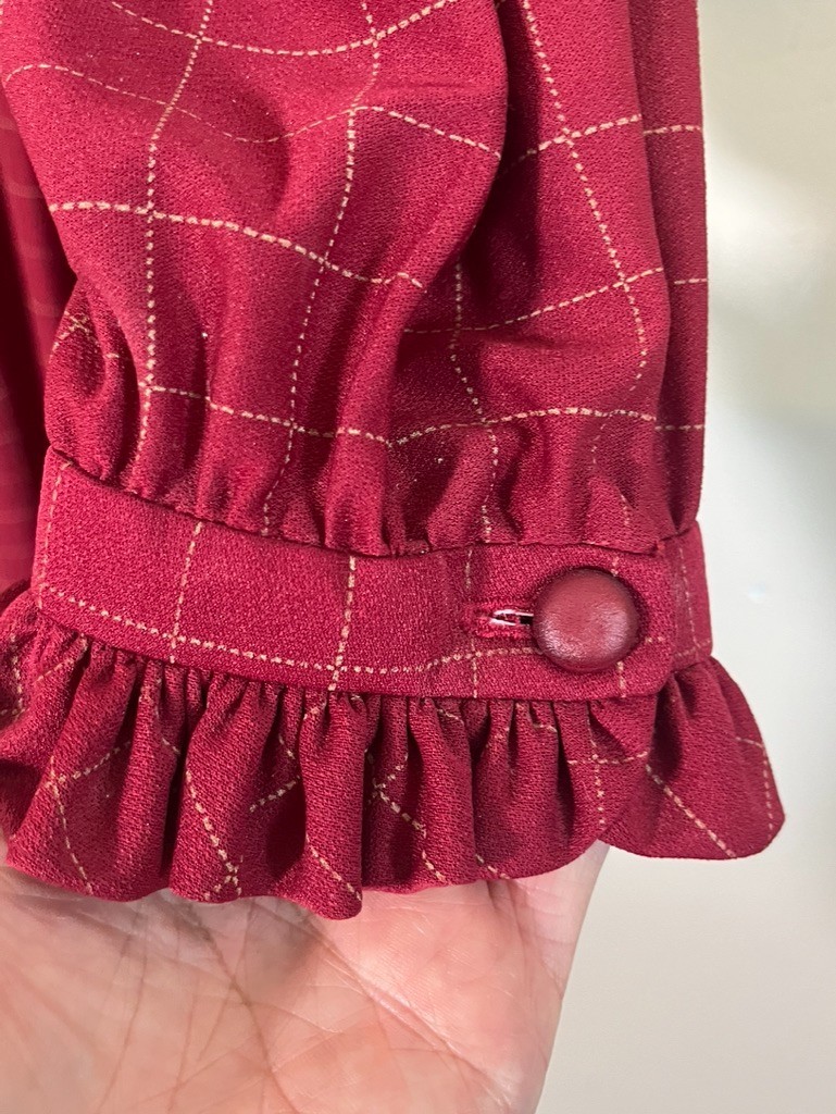 Vintage Handmade Houndstooth Ruffle Neck Dress Red 22 Festive Holiday Preppy Mod