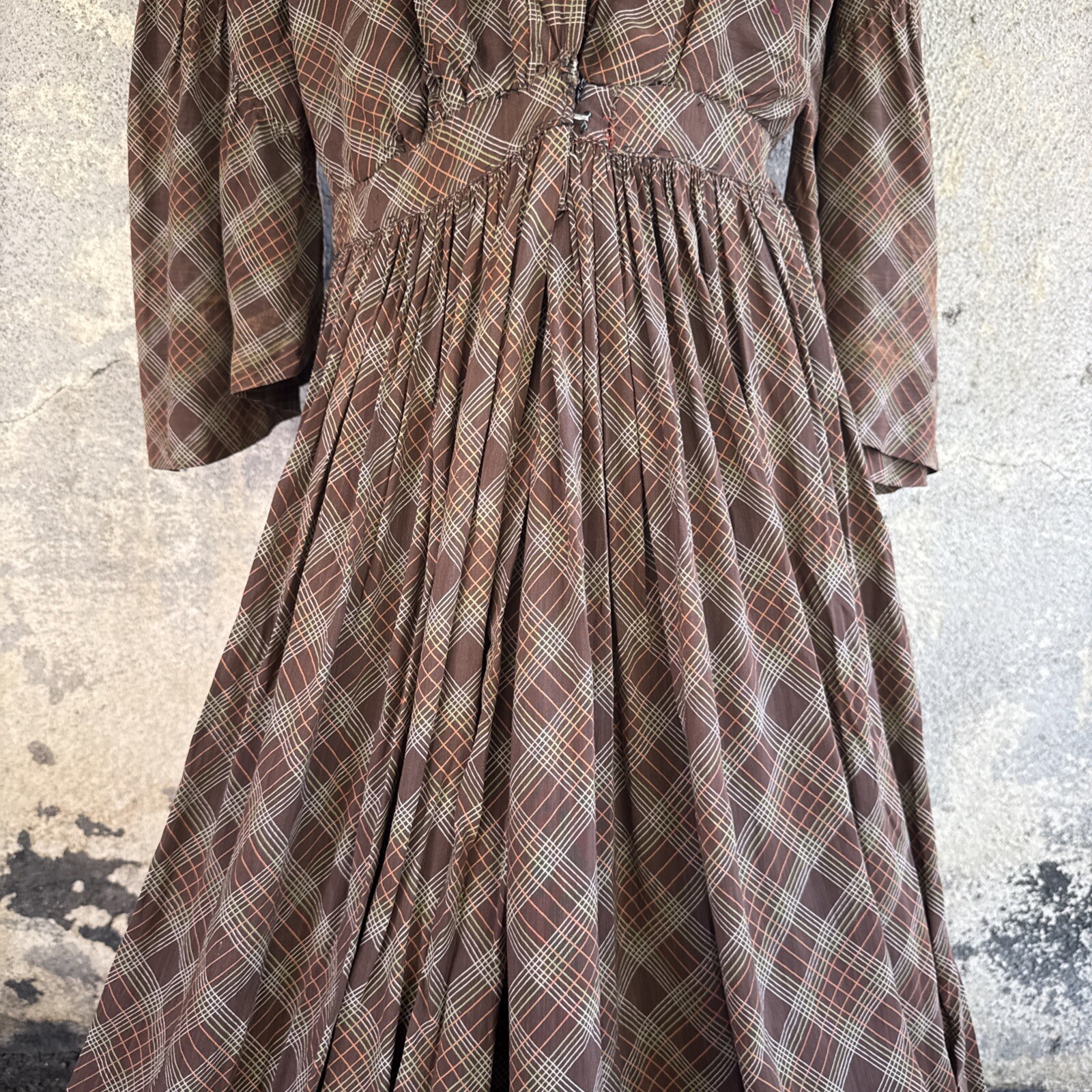 Vintage 1930s Brown Green & Orange Plaid Linen Dress Maxi Bell Sleeves Wooden