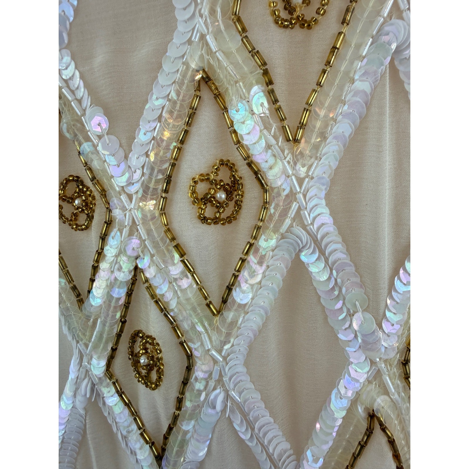 Vintage Silk Beaded Sequin Top White Gold Mermaidcore Pearl Beaded