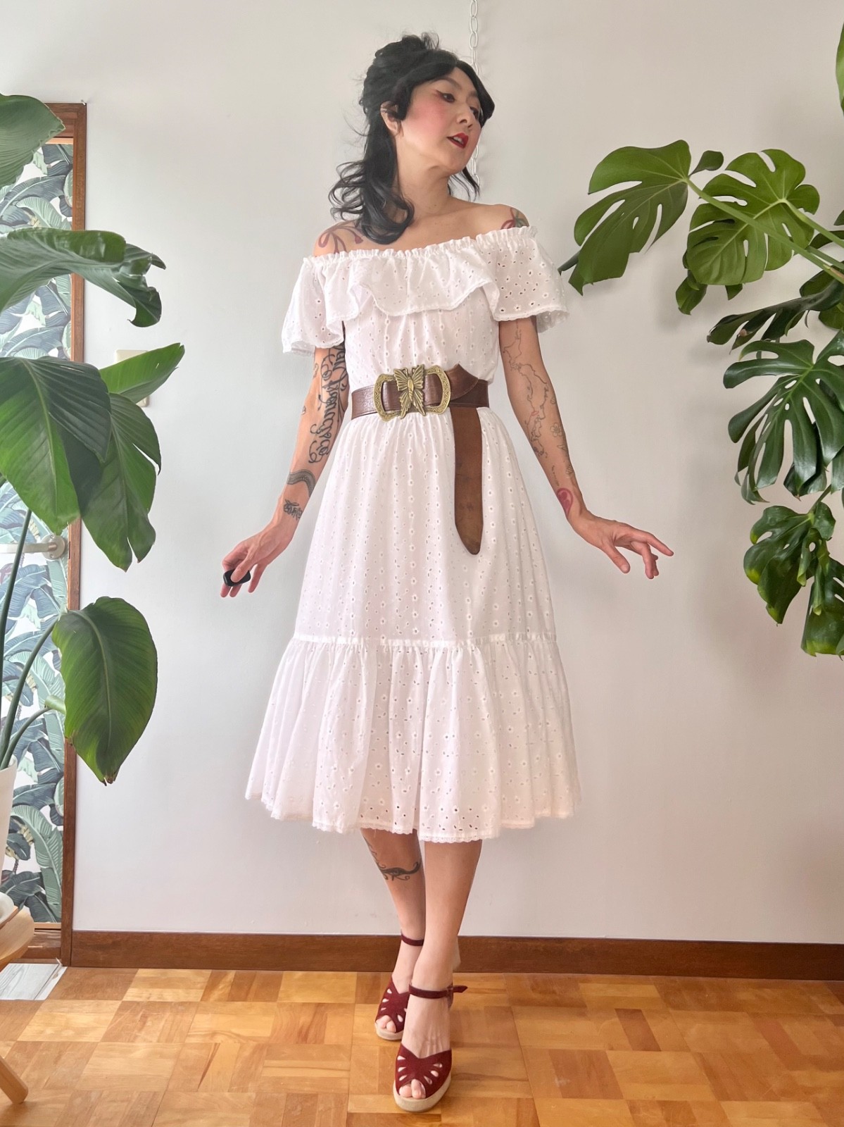 VTG 70s Lanz White Eyelet Lace Off Shoulder Ruffle Cotton Midi Prairie Dress S