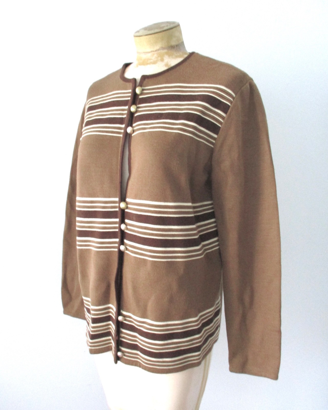Vtg 60s mod Gina Teresa brown stripe wool acrylic knit button jacket M