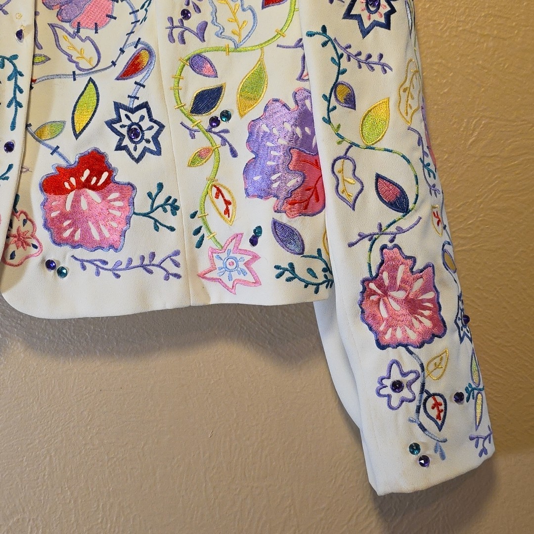 Vtg John Meyer of Norwich Floral Embroidered Jacket Blazer White Sz 16 Romania
