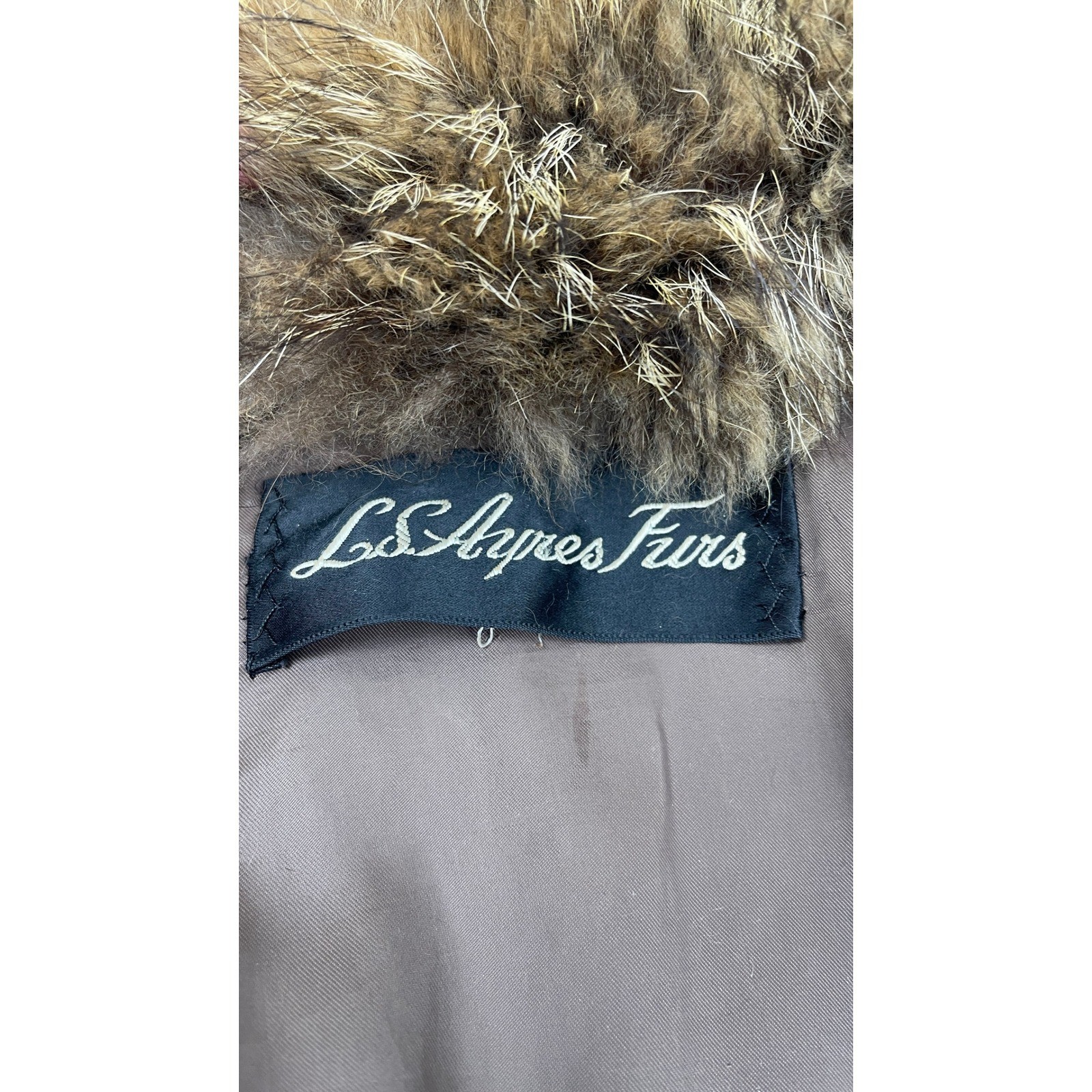 L.S. Ayres Furs Vintage Natural Fur Long Coat Brown Tan Black Shawl Collar 48in
