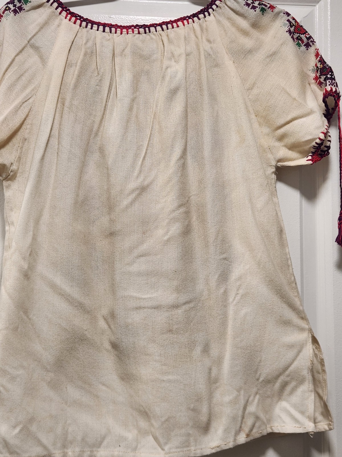 Vintage Hand Embroidered Romanian Folk Blouse Boho Ethnic Peasant Top White L/XL