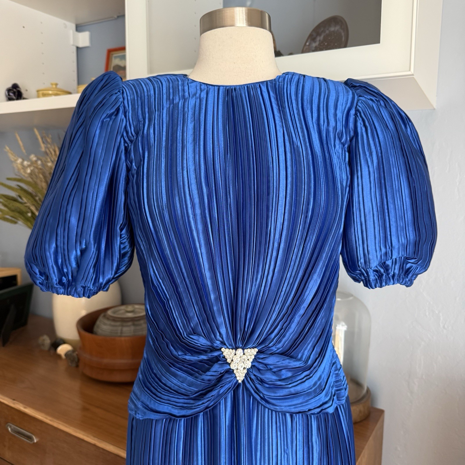 Vintage 80’s Nuit Pleated Cocktail Party Dress Puff Sleeves Blue Rhinestone 6