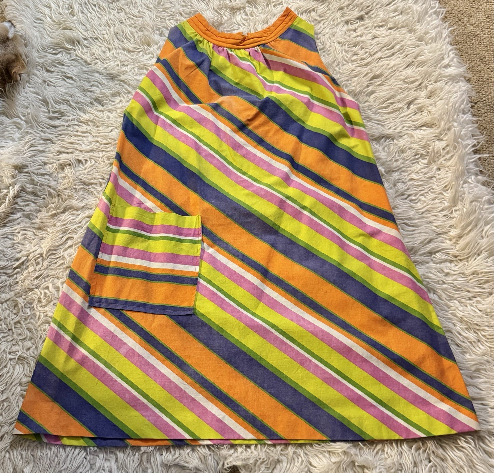 Vtg Stripe Tent A Line 60s Dress Quilted Collar Pocket Cotton XS S