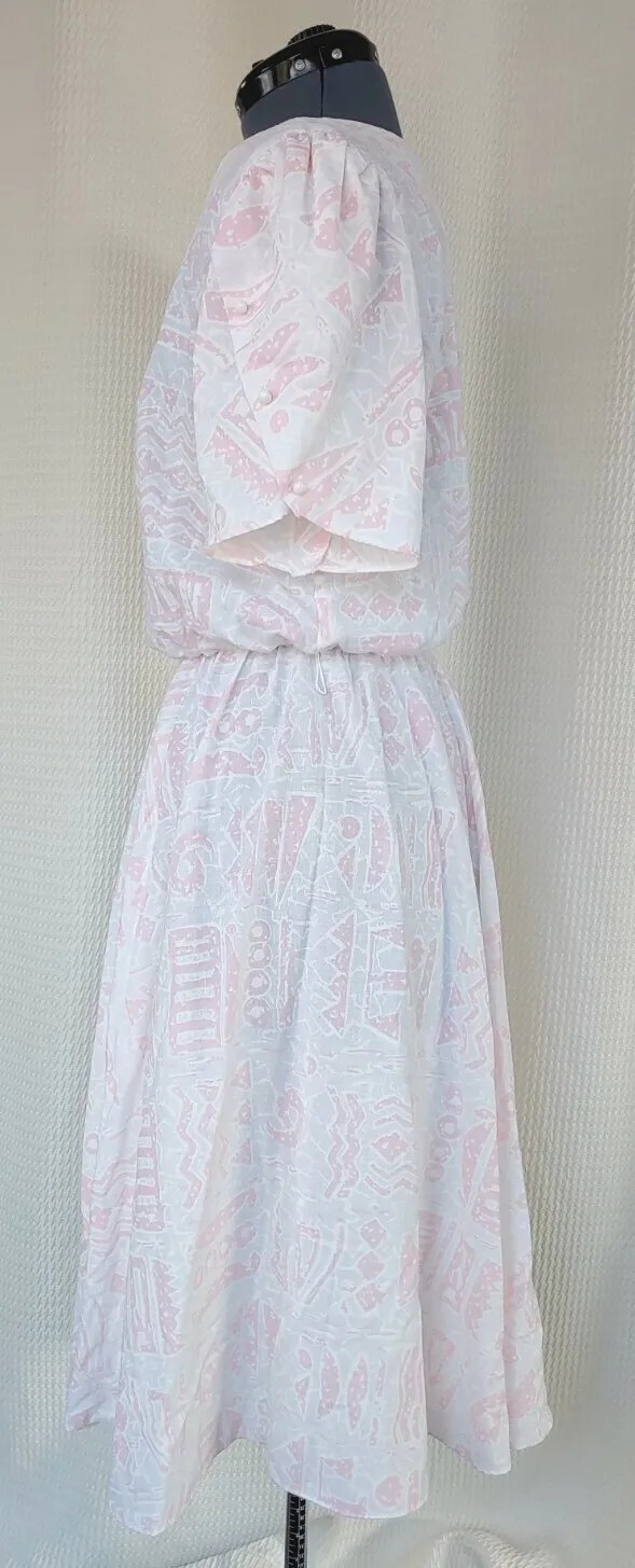 Vintage LA Gal Pink & White Abstract Printed Dress w Elastic Waist Size 16