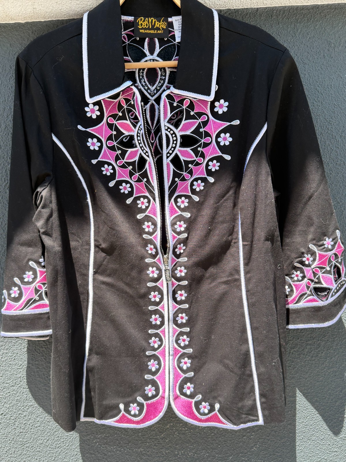 Bob Mackie Wearable Art Black floral Embroidered Cut Out Jacket