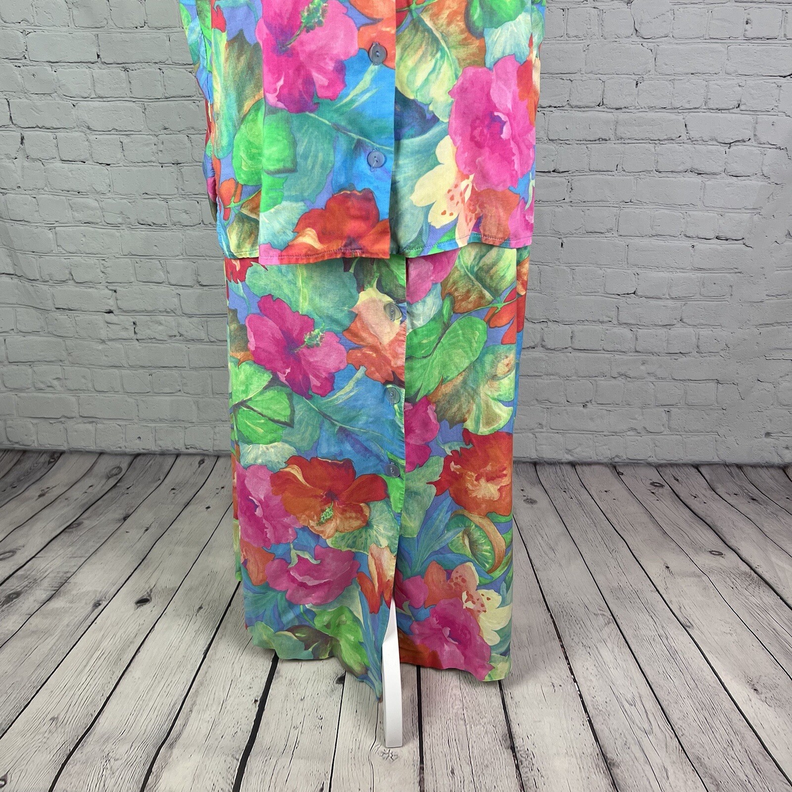 Vintage Sea Suns Watercolor Floral Tropical Beach Button Maxi Skirt & Top Set XL