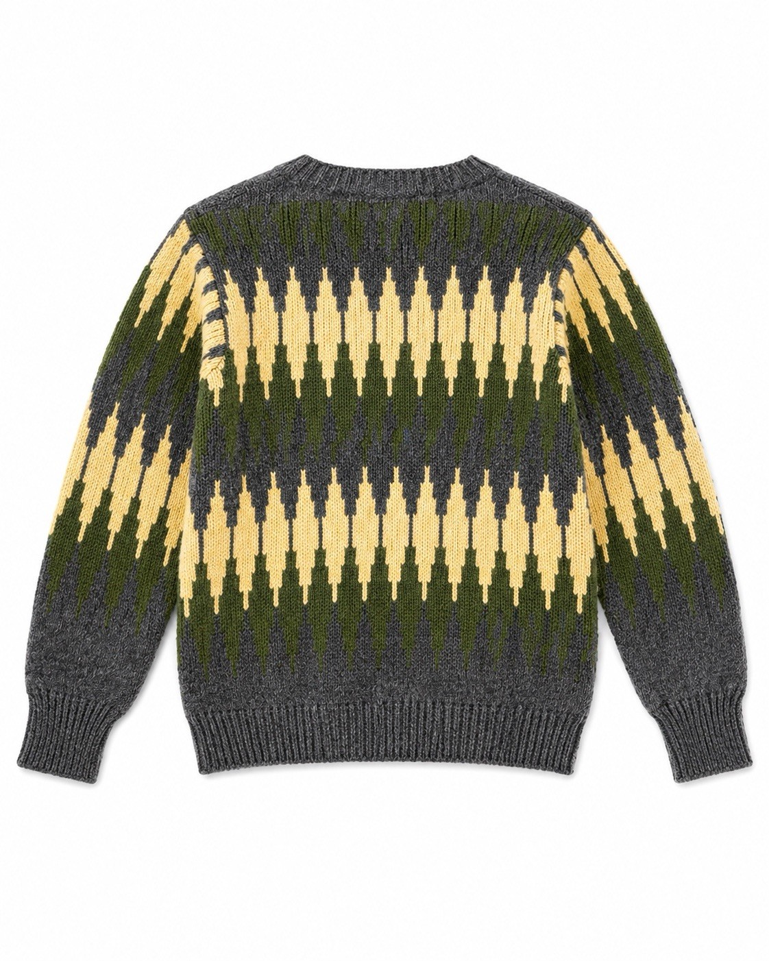 Vintage 1960’s Handknit Flamestitch Zig Zag Boat Neck Sweater Gray Yellow M L
